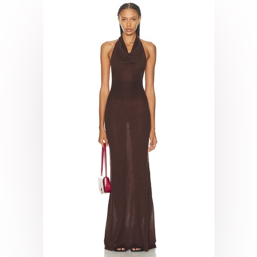 NEW Aya Muse Brown Tan Reed Halter Maxi Dress XS Minimalist Mohair Silk Knit